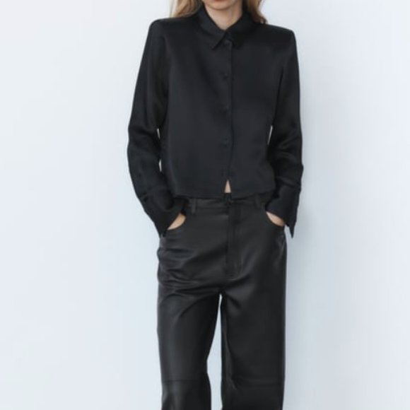 ZARA BLACK SHOULDER PAD SATIN EFFECT BUTTON DOWN SHIRT - Picture 5 of 14
